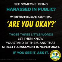 SEE SOMEONE BEING HARASSED IN PUBLIC? WHEN YOU FEEL SAFE, ASK THEM... 'Are You Okay?' THOSE THREE LITTLE WORDS LET THEM KNOW YOU STAND BY THEM, AND THAT STREET HARASSMENT IS NEVER OKAY. IF YOU SEE IT. ASK IT. SEE SOMEONE BEING HARASSED IN PUBLIC? WHEN YOU FEEL SAFE, ASK THEM... 'Are You Okay?' THOSE THREE LITTLE WORDS LET THEM KNOW YOU STAND BY THEM, AND THAT STREET HARASSMENT IS NEVER OKAY. IF YOU SEE IT. ASK IT.